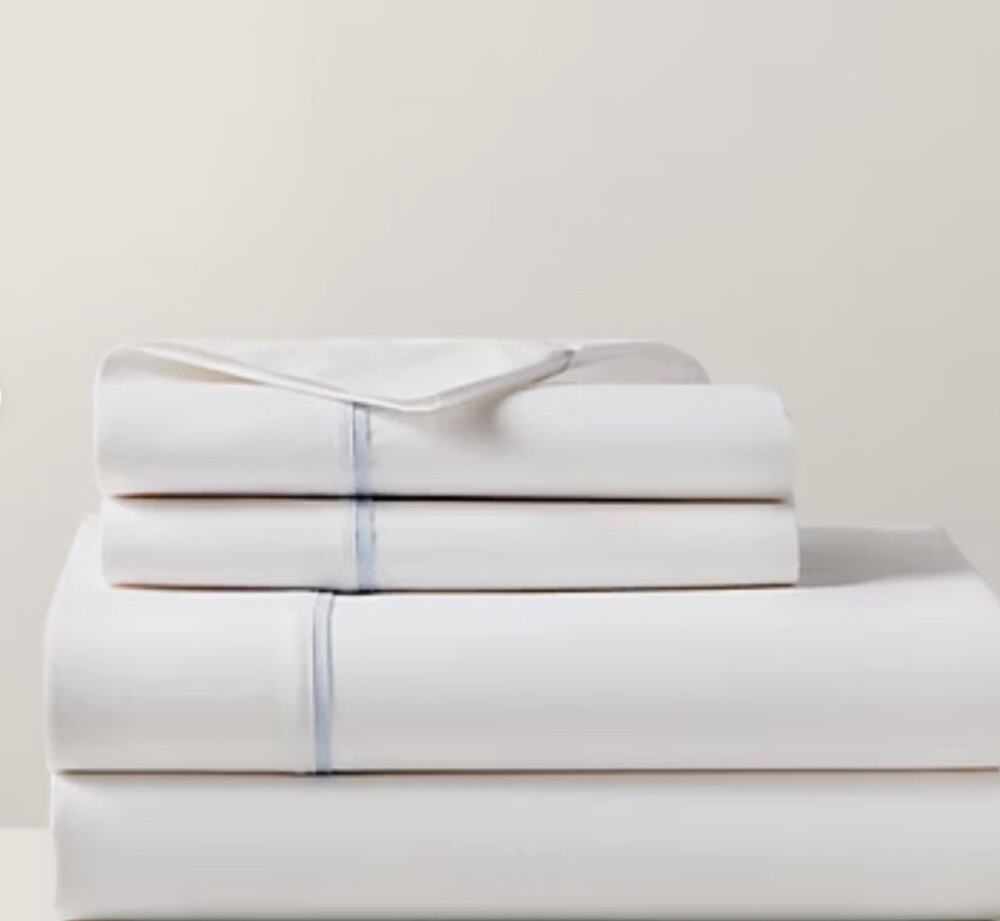 New Ralph Lauren Organic Cotton Percale Palmer Queen Flat Sheet White/Sky Blue